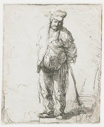 Contadino malandato con le mani dietro la schiena, che regge un bastone da Rembrandt van Rijn