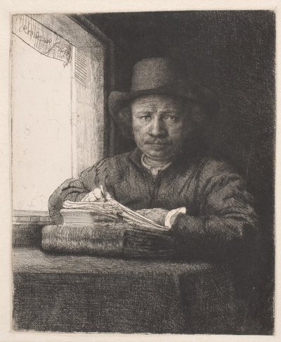 Rembrandt che disegna alla finestra da Rembrandt van Rijn