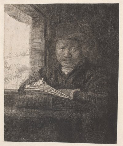 Rembrandt che disegna alla finestra da Rembrandt van Rijn
