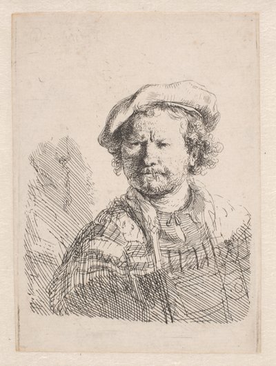 Rembrandt con un berretto piatto e uno scialle sulle spalle da Rembrandt van Rijn