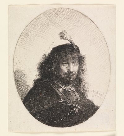 Rembrandt con cappello piumato e sciabola abbassata da Rembrandt van Rijn