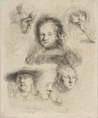Moglie di Rembrandt e altre cinque teste, 1636 da Rembrandt van Rijn