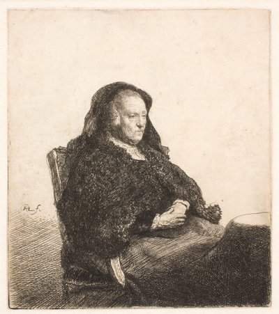La madre di Rembrandt seduta a un tavolo, con lo sguardo rivolto verso destra: ritratto a tre quarti da Rembrandt van Rijn