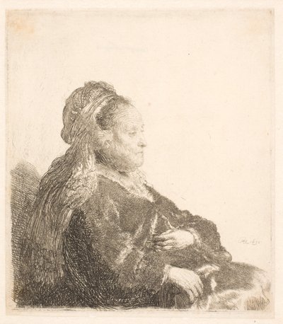 La madre di Rembrandt seduta rivolta a destra, con copricapo orientale: mezzo busto, mostrando le mani da Rembrandt van Rijn