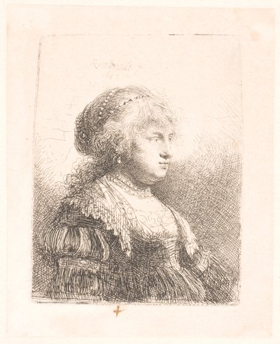 Saskia, moglie di Rembrandt, con perle tra i capelli, busto da Rembrandt van Rijn