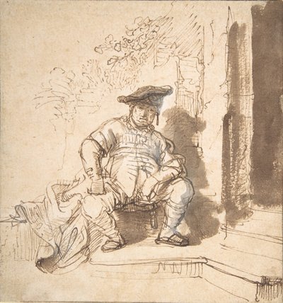 Uomo seduto con berretto piatto, 1635-40 da Rembrandt van Rijn