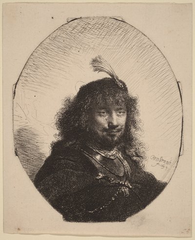 Autoritratto () con berretto piumato e sciabola abbassata da Rembrandt van Rijn