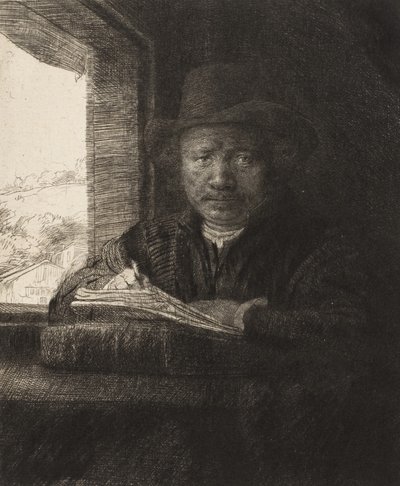 Autoritratto incisione alla finestra da Rembrandt van Rijn
