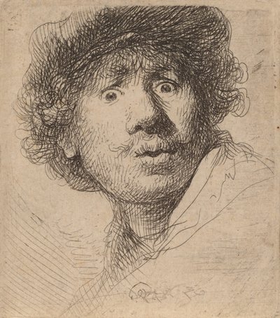 Autoritratto con cappello, bocca aperta da Rembrandt van Rijn