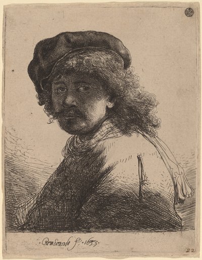 Autoritratto con berretto e sciarpa con il viso scuro da Rembrandt van Rijn
