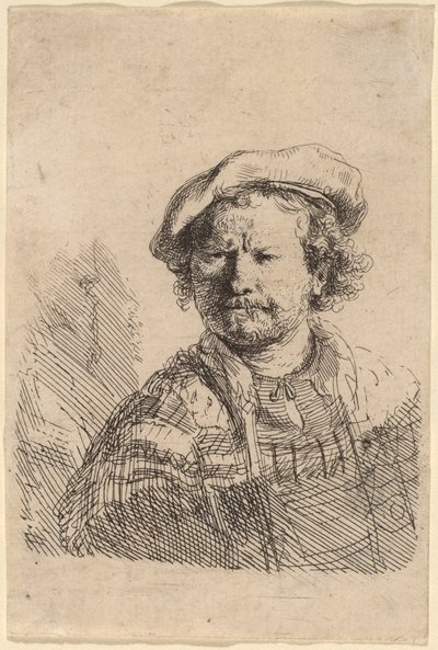 Autoritratto con berretto piatto e abito ricamato da Rembrandt van Rijn