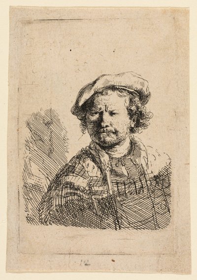Autoritratto con berretto piatto e abito ricamato da Rembrandt van Rijn
