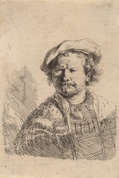 Autoritratto con berretto piatto e abito ricamato, c. 1642 da Rembrandt van Rijn