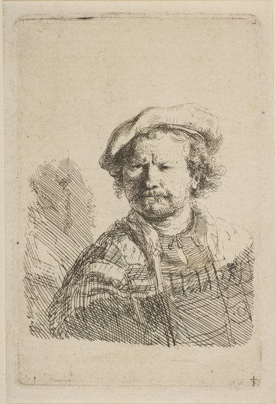 Autoritratto con berretto piatto e abito ricamato da Rembrandt van Rijn