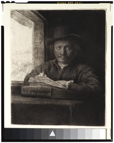 Autoritratto, incisione alla finestra, 1648 da Rembrandt van Rijn