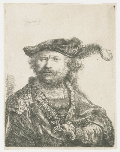 Autoritratto con berretto di velluto con piuma da Rembrandt van Rijn