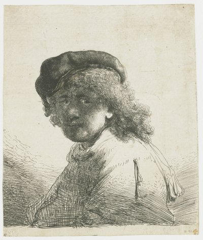 Autoritratto con berretto e sciarpa con il viso scuro: busto da Rembrandt van Rijn