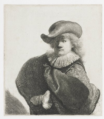 Autoritratto con cappello morbido e mantello a motivi da Rembrandt van Rijn