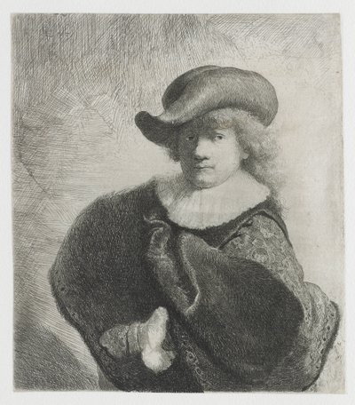 Autoritratto con cappello morbido e mantello a motivi da Rembrandt van Rijn