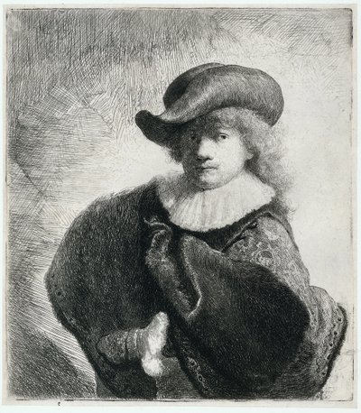 Autoritratto con cappello morbido e mantello ricamato da Rembrandt van Rijn