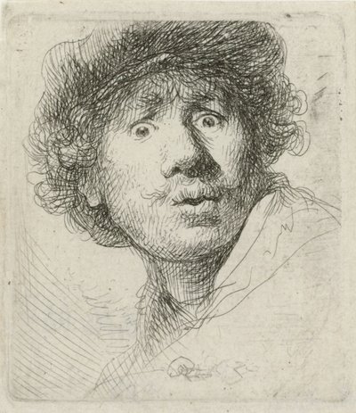 Autoritratto con berretto e occhi spalancati da Rembrandt van Rijn