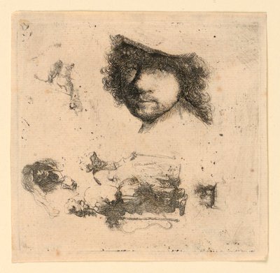 Foglio di studi: Autoritratto, una coppia di mendicanti, teste di un vecchio e una vecchia, ecc. da Rembrandt van Rijn