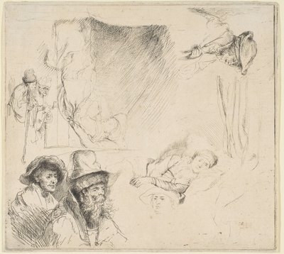 Foglio di studi con una donna malata a letto, ecc. da Rembrandt van Rijn