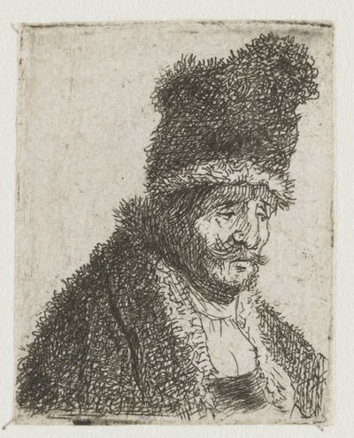 Foglio con studi sulla testa di uomini: anziano con cappotto di pelliccia e berretto alto da Rembrandt van Rijn
