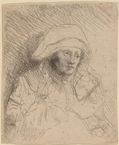 Donna malata con un grande copricapo bianco da Rembrandt van Rijn