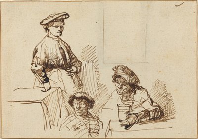 Schizzi da una Taverna: Donna in Piedi e Due Uomini Seduti da Rembrandt van Rijn
