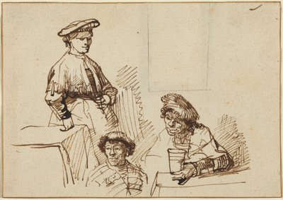 Schizzi da una taverna: una donna in piedi e due uomini seduti da Rembrandt van Rijn