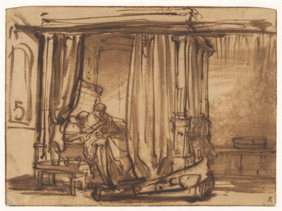 Camera da letto con Saskia seduta su un letto a baldacchino da Rembrandt van Rijn