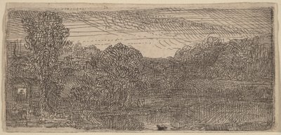 Piccolo paesaggio grigio: una casa e degli alberi accanto a una piscina da Rembrandt van Rijn