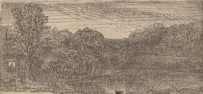 Piccolo paesaggio grigio: una casa e alberi accanto a una piscina da Rembrandt van Rijn