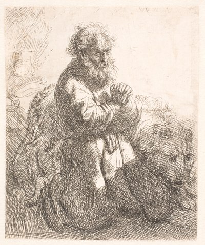 San Girolamo in ginocchio in preghiera, guardando in basso da Rembrandt van Rijn