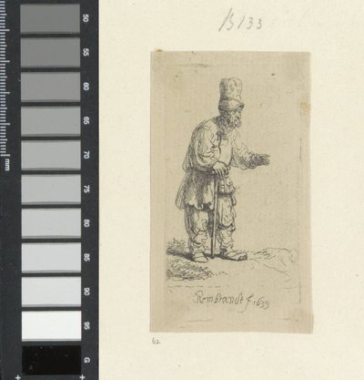 Contadino in piedi con cappello alto, appoggiato a un bastone da Rembrandt van Rijn