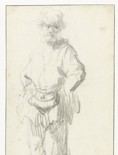 Uomo in piedi con una borsa da Rembrandt van Rijn