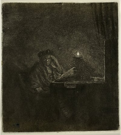 Studente a un tavolo alla luce di una candela da Rembrandt van Rijn