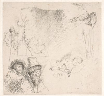 Foglio di studio, tra cui una donna a letto da Rembrandt van Rijn