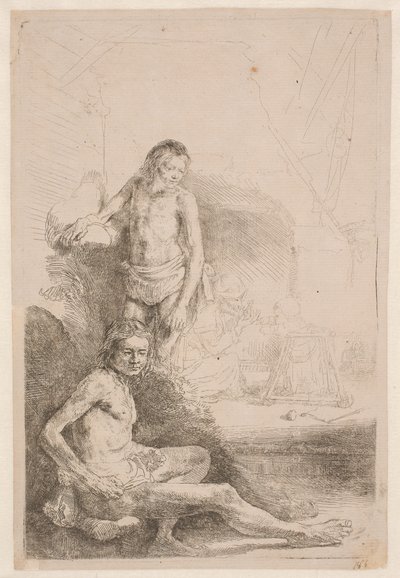 Studi dal vero: un uomo seduto e un altro in piedi; sullo sfondo, una donna e un bambino appena accennati da Rembrandt van Rijn