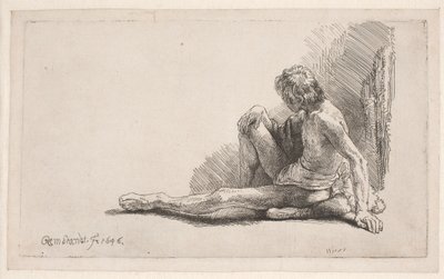 Studio dal nudo: uomo seduto per terra con una gamba distesa da Rembrandt van Rijn