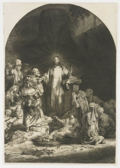 La stampa dei cento fiorini: il pezzo centrale con Cristo che predica, la lastra arcuata da Rembrandt van Rijn