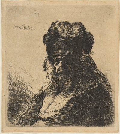 Il vecchio uomo barbuto con un alto cappello di pelliccia, con gli occhi chiusi da Rembrandt van Rijn