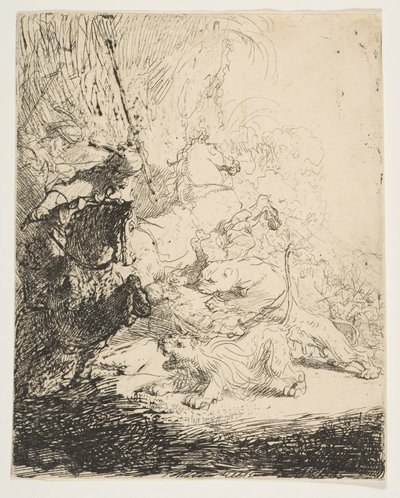 La piccola caccia al leone, con due leoni da Rembrandt van Rijn