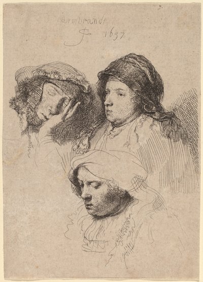 Tre teste di donne, una addormentata da Rembrandt van Rijn