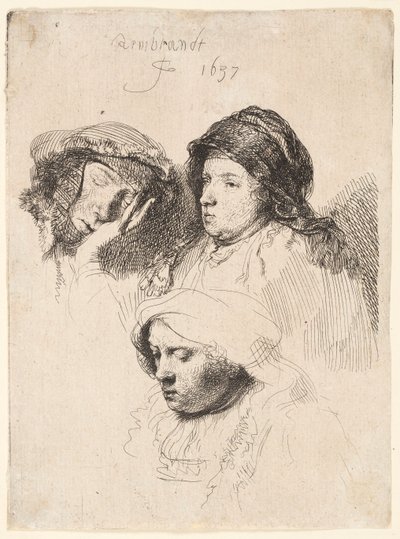 Tre Teste di Donne, Una Addormentata da Rembrandt van Rijn