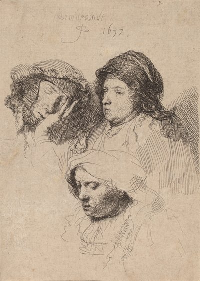 Tre Teste di Donne, Una Addormentata da Rembrandt van Rijn