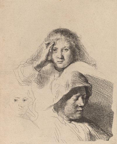 Tre teste di donne, una leggermente incisa, c. 1637 da Rembrandt van Rijn