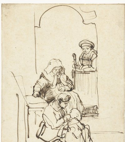 Tre donne e un bambino vicino a una porta da Rembrandt van Rijn