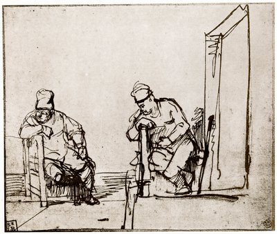Due uomini seduti a una porta da Rembrandt van Rijn